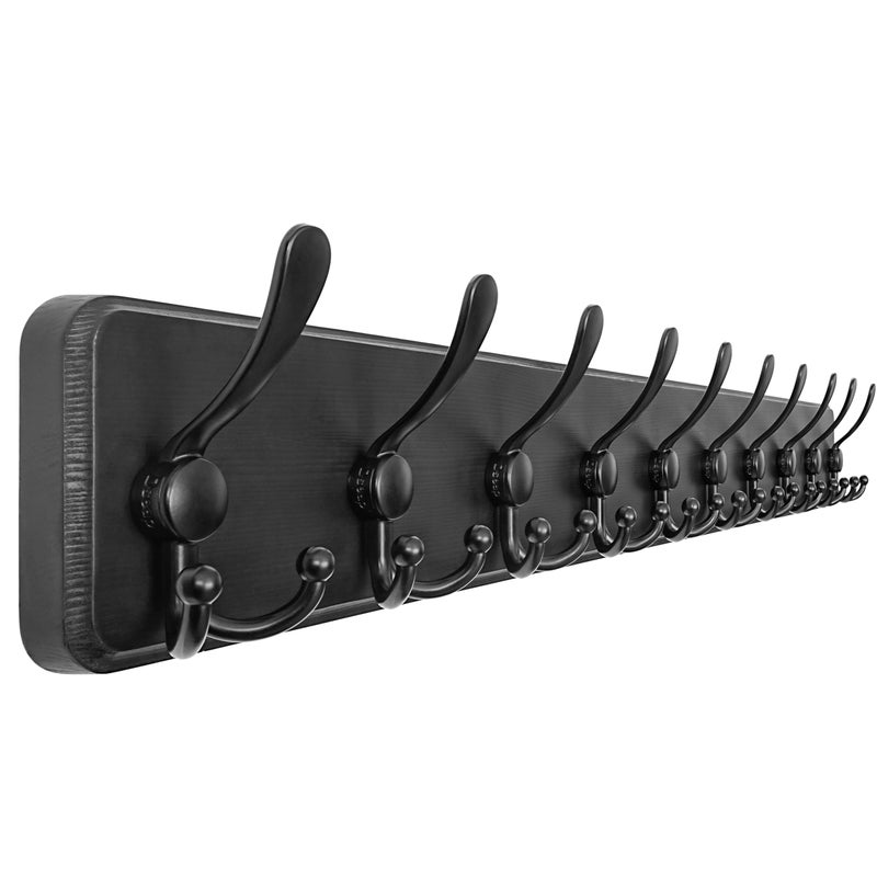 Dseap Coat Rack Wall - Heavy-Duty 38-1/4" Long, with Reinforced 10 Custom Tri-Hooks, Solid Wood Wall Hanger for Coats Hat Jackets - Rustic Farmhouse Entryway Hallway Storage, Black - Image 1